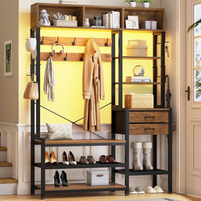 AGROTECH AVS Hall Tree with Bench and Shoe Storage, 7-in-1 Entryway Bench with Coat Rack, 3 Storage Cubbies, 3 Storage Shelves
