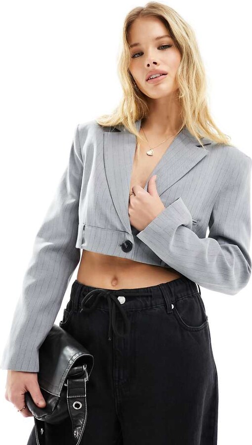 Bershka tailored cropped jacket in blue pinstripe ShopStyle
