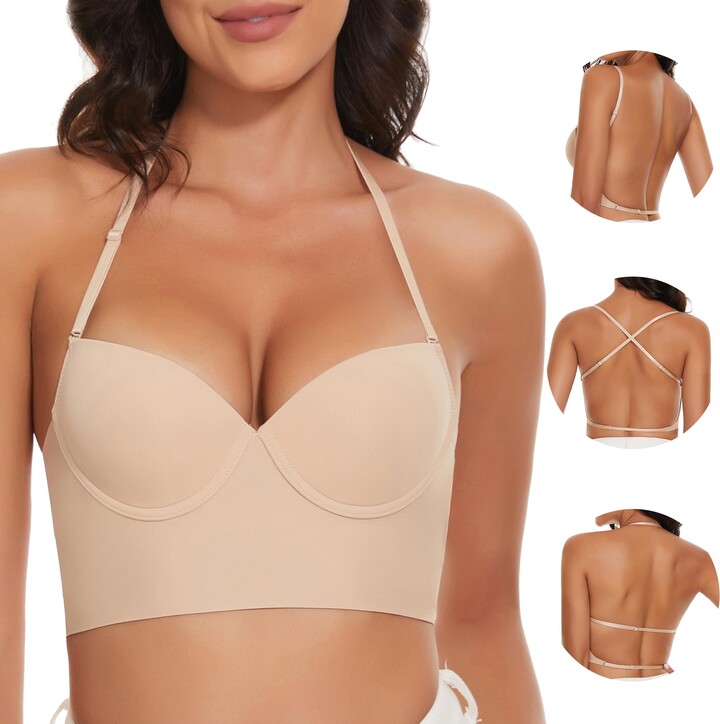 Women's Low Back Bra Seamless Low Cut Underwire Lightly Lined Halter  Bralette Invisible Deep Plunge Backless Bras (X-Large, Nude) at   Women's Clothing store