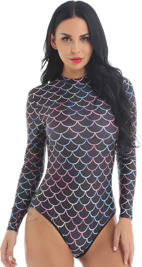Yeahdor Women's Long Sleeve Swimwear Mermaid Scale Print Swimsuit