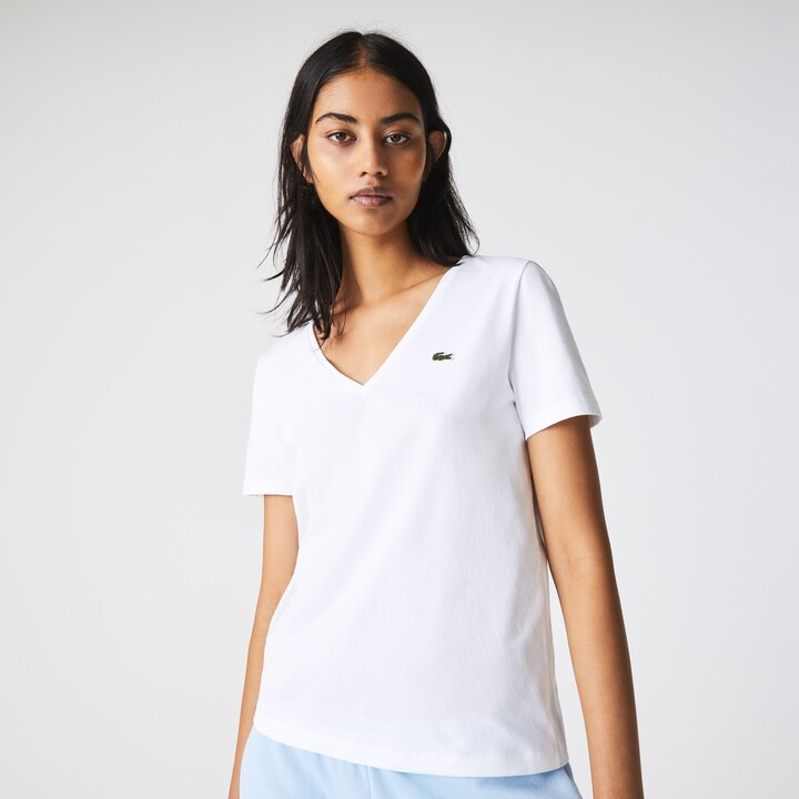 Lacoste Women's V-Neck Loose Fit Cotton T-Shirt | Size: 40 - ShopStyle