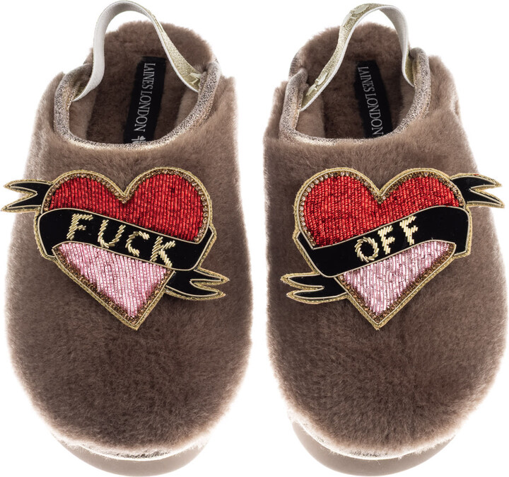Laines London Brown / Neutrals / Gold Flatform Cloud Closed Toe Slippers With Fuck Off Brooches - Mink