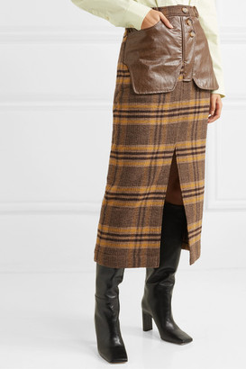 REJINA PYO Maggie Checked Wool And Faux Leather Midi Skirt - Brown