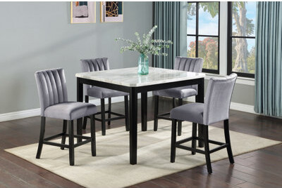 One Allium Way 5-Piece Contemporary Counter Height Dining Set Square Faux Marble Table Tope Black Finish Upholstered Chairs Channel Tufting Wooden Solid Wood Dining