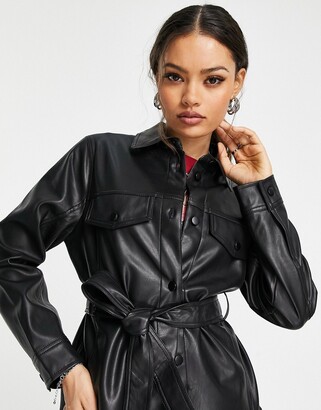 Topshop Petite long sleeve belted faux leather shirt in black - ShopStyle