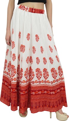 Bimba Women's Elastic Waist Skirt White Block Printed Maxi Summer Skirts-XL  - ShopStyle