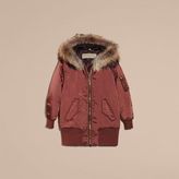 Thumbnail for your product : Burberry Long-line Satin Bomber Jacket with Fur-trimmed Hood