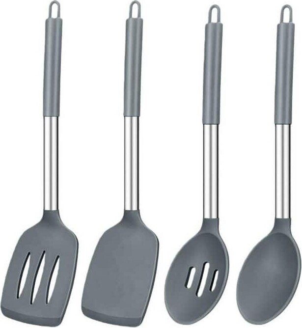 Wudkey Gray Silicone Cooking Utensils Set 4-Pack Non-Stick Solid Spatulas Slotted Spoons Kitchen Turners for Frying Mixing