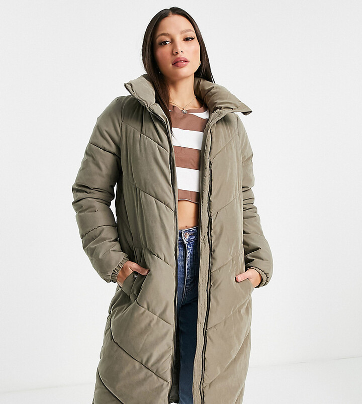 Vero Moda Tall longline padded coat in khaki ShopStyle