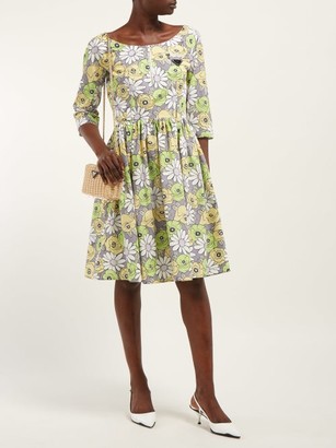 Prada Blossom-print Cotton Poplin Smock Dress - Grey Multi