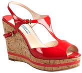 Thumbnail for your product : Prada red patent leather and cork peep toe wedges