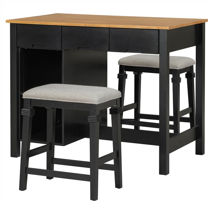 Farmhouse 3piece 45" Stationary Rubber Wood Kitchen Island Set with 2