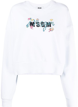 MSGM Floral-Logo Crew-Neck Cropped Sweatshirt