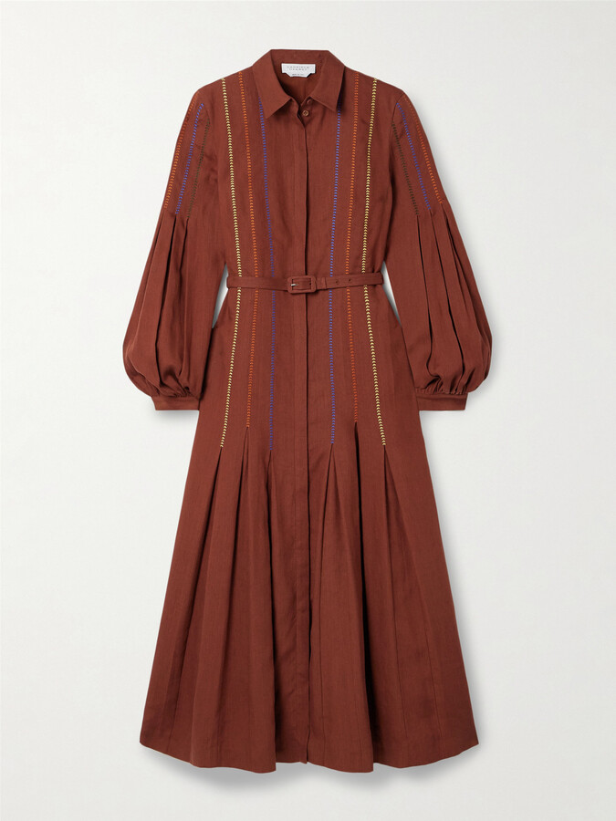 Gabriela Hearst Aleka Belted Embroidered Linen Midi Shirt Dress - Burgundy