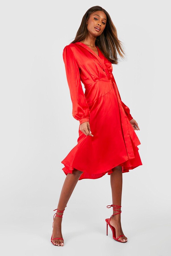 satin wrap skater dress