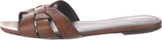 Saint Laurent Leather Slides Brown Crossover Straps Includes Box & Dust Bag