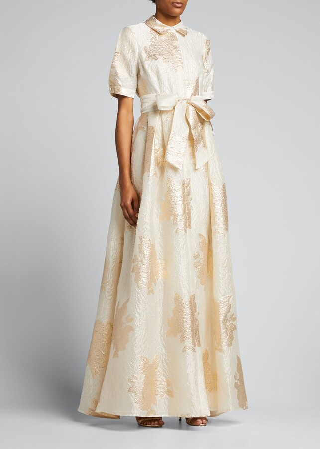 Rickie Freeman For Teri Jon ElbowSleeve Textured Jacquard Shirt Gown
