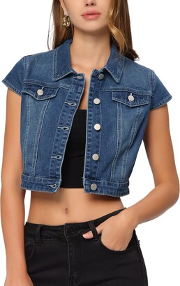 Allegra K Denim Jacket for Women's Collarless Pockets 3/4 Sleeve Jean  Jackets