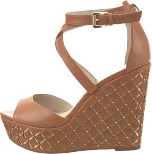 Michael Kors Leather Sandals Brown Signature Logo Studded Accents Platform Wrap-Around Straps & Buckle Closure at Ankles Unfortunately due to restrictions this item may not be eligible for shipping in all areas.
