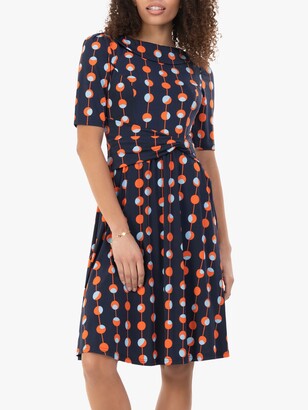 Jolie Moi Belilah Geometric Print Foldover Neck Dress, Navy Spot