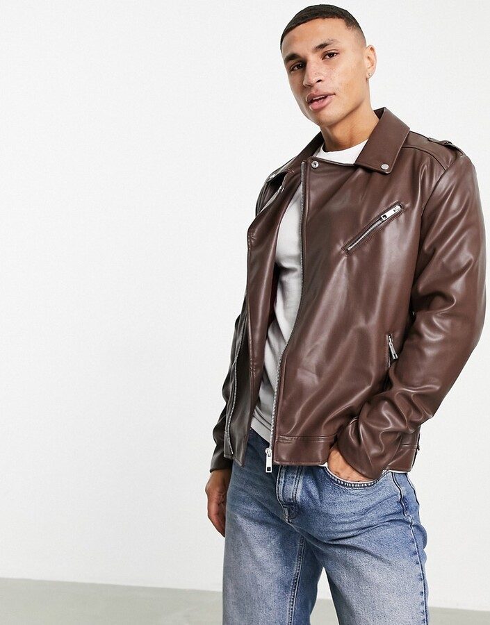 ASOS DESIGN faux leather biker jacket in brown ShopStyle