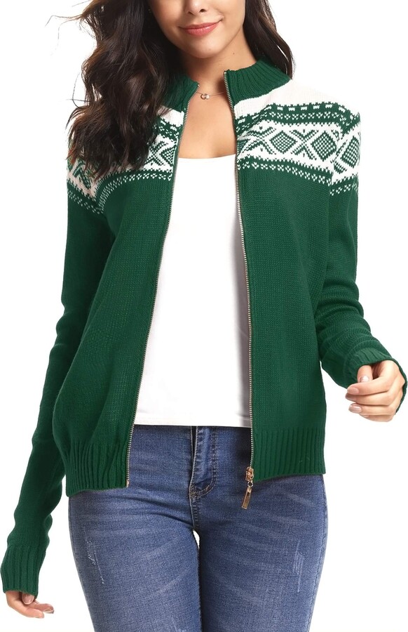 Sykooria Ladies Autumn Jacket Womens Knitted Tops Knitwear Zip Through  Cardigan Snowflake Jumpers Sweaters Coat Green - ShopStyle