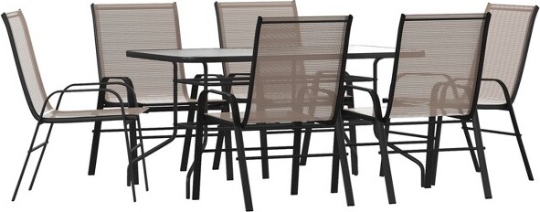 Emma and Oliver 7 Piece 55" Rectangular Tempered Glass Metal Patio Table Set with 6 Brown Flex Comfort Stack Chairs