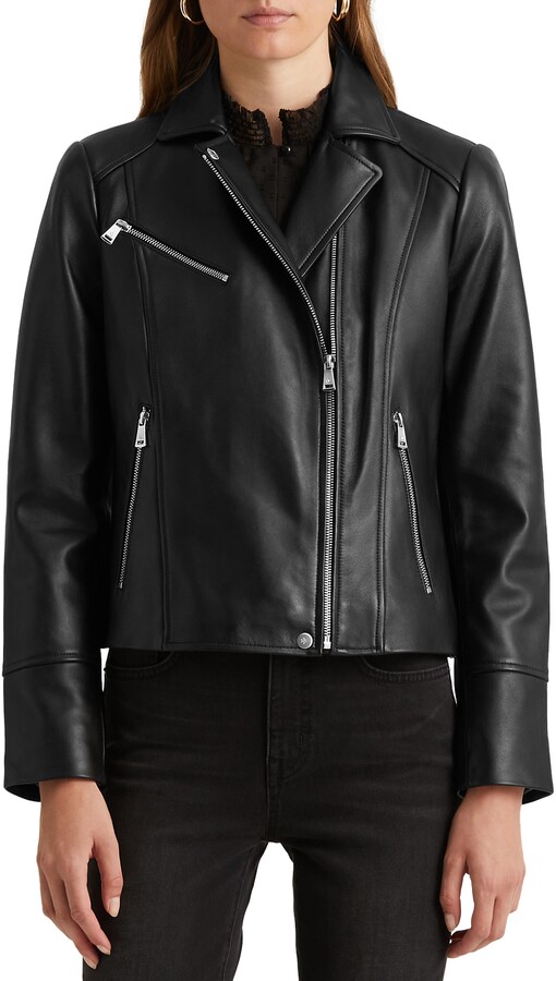 Womens Black Lambskin Leather Moto Jacket W029