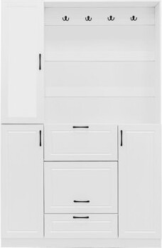 51.1'' Entryway Bench with Integrated Shoe Cabinet , 3-in-1 Design and Mirrored Cabinet Door, Hall Tree with 4 Sturdy Hooks and Foldable Seat for Entr