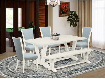 Winston Porter A34B4D7E9D8144C0A2D999E2F79DCE20 6 Piece Dinette Set - Dinner Table A Small Bench And 4 Grey Dining Chairs - Wire Brushed Linen White