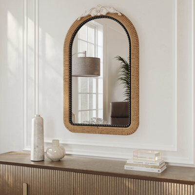 Bay Isle Home Serenity Arched Rattan Frame Boho Wood Wall Mirror