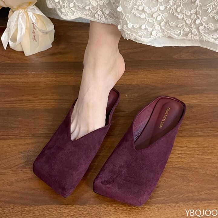 YBQJOO Baotou Half Slippers Women & apos;s 2025 Spring Autumn New Style Small Square Head Shallow Mouth Velvet Soft Bottom Fashion Flat Shoes