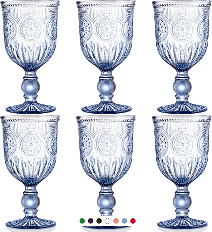 Yungala Blue Wine Glasses Set of 6 Blue Goblets - Blue Glassware for Vintage Wine Glasses, Colorful Wine Glasses, Colored Glassware or Glass Goblets