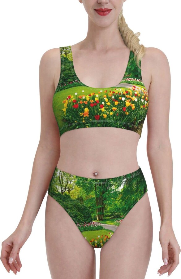 KIDINN Bikini Set Colorful Tulip Flowers and Trees Print Split Sports Bikini Black ShopStyle