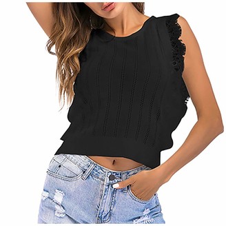Beetlenew Womens Blouses Women's Tank Tops Summer Chic Lace Detail Hollow Out Vest Blouse Casual Loose Fit Sleeveless Beach T-Shirt for Elegant Lady Pure Color Tee Shirts Round Neck Tunic Going Out Clothing Black