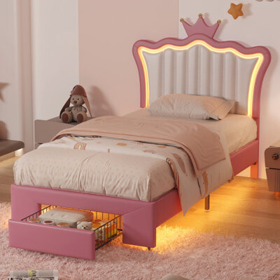 Gemma Violet Modern Princess Padded Bed - Crown Headboard With Led Lights And Storage Drawers Pink And White Patchwork