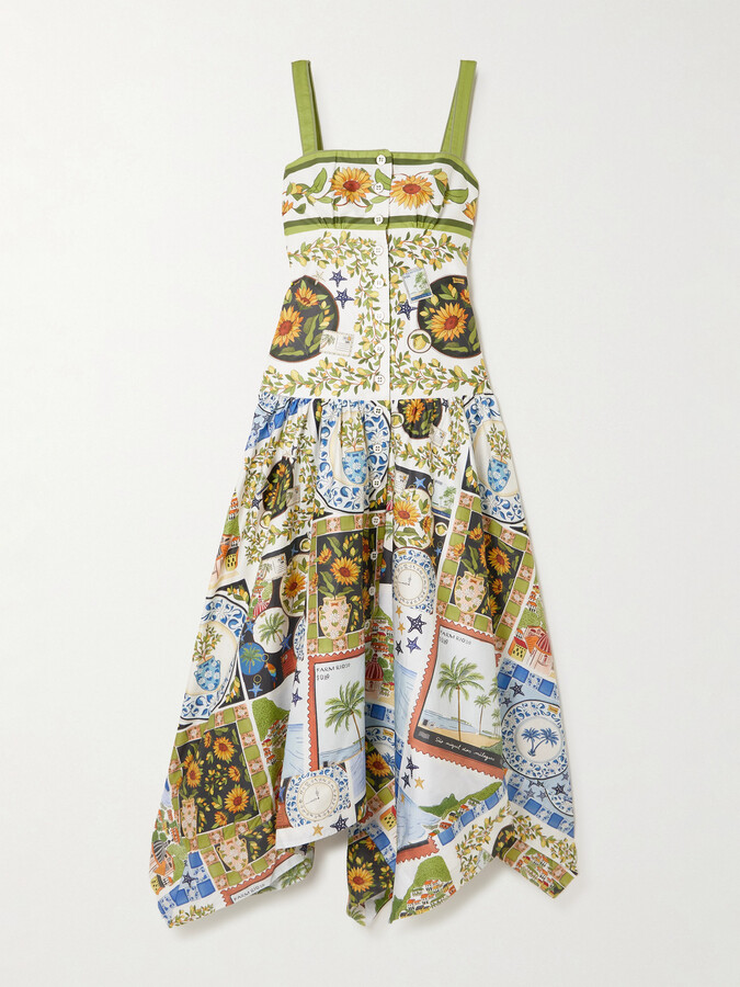 Farm Rio Latin Trip Gathered Shirred Printed Cotton Midi Dress - Blue