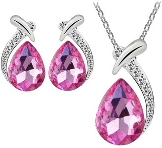 Perman Women Crystal Plated Chain Pendant Necklace Stud Earring Set