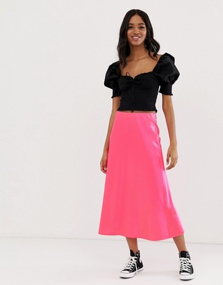 New Look satin midi skirt in neon pink
