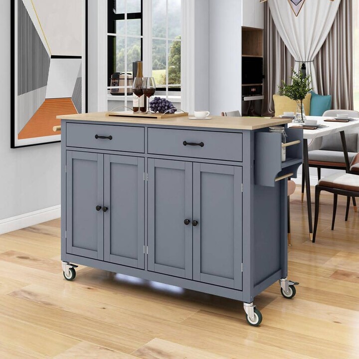 YANTENG LLC 54 in. Gray Solid Wood Top Kitchen Cart Island with 4-Door Cabinet, Drawers, Spice Rack, Towel Rack, and Wheels