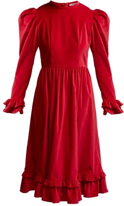 Batsheva Ruffle Velvet Prairie Midi Dress - Red