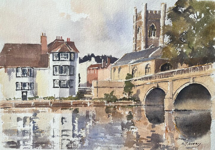 Anthony Avery, British Impressionist Watercolor of Riverside Buildings, a Church and Bridge