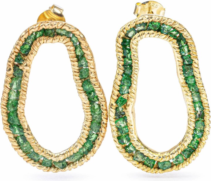 German Kabirski Gold / Green Arven Gold Plated Silver Earrings With Raw Tsavorite