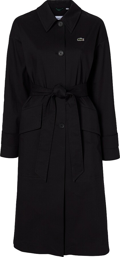 Women's Lacoste x Bandier Belted Cotton-Blend Trench Coat - Black - Size 8