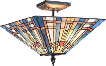 Bloomsbury Market Tiffany Style Ceiling Light Fixtures 14 Wide Stained Glass Lamp Shade 2-Light Classical Mission Style Semi Flush Mount Ceiling Light