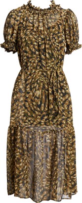 Topshop Shirred Semisheer Animal Print Midi Dress