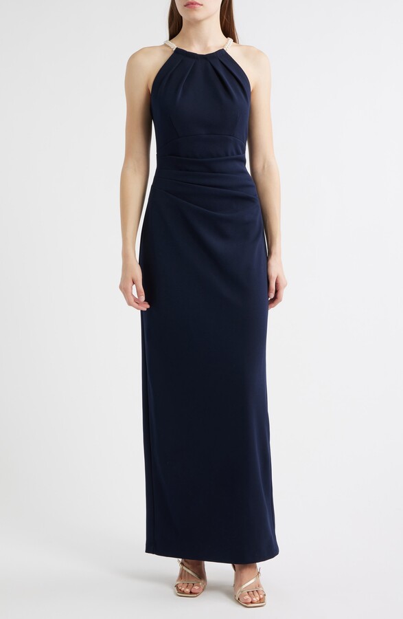 Eliza J Faux Pearl Neckline Gown