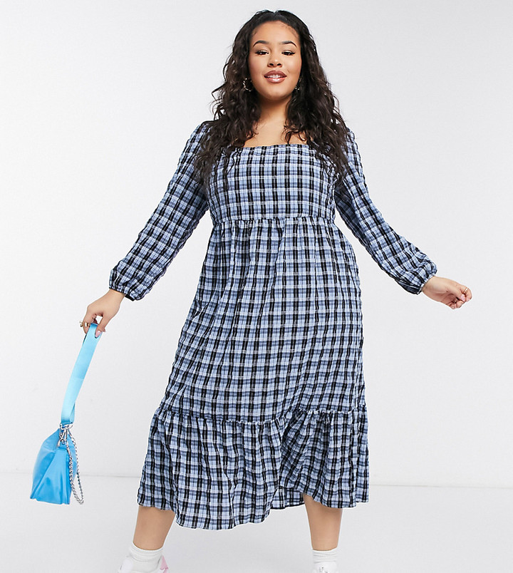 New Look Plus New Look Curve shirred midi smock dress in blue check -  ShopStyle