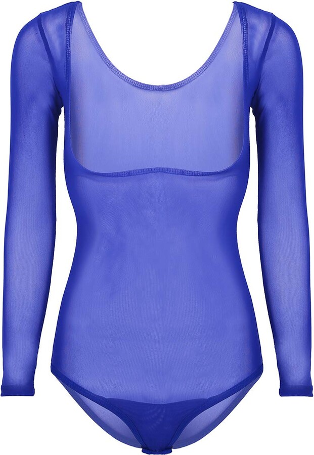 Agoky Women's Mesh Sheer Open Front Long Sleeve Bodysuit Thong Leotard