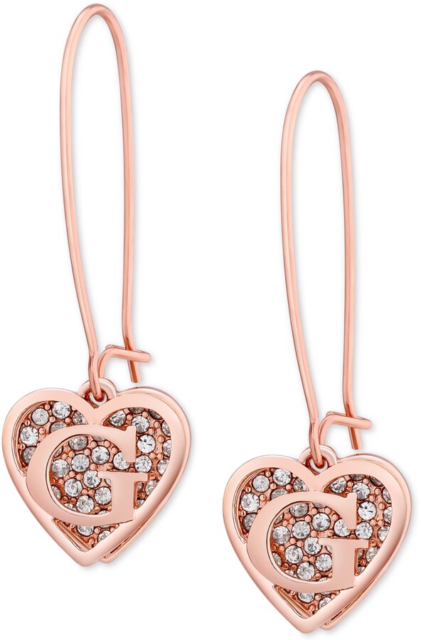 GUESS Rose Gold-Tone Pave Heart Logo Drop Earrings - ShopStyle